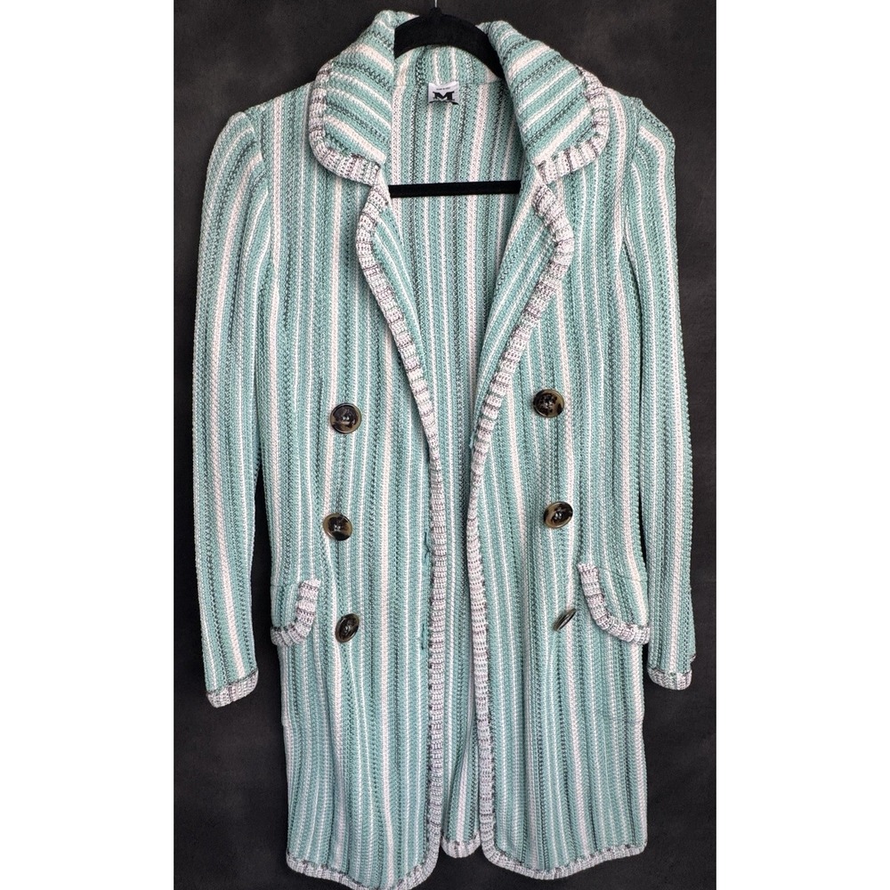 Missoni Italy Knit Cardigan Jacket Mint Green White Stripe Coat Sz 38 US 2